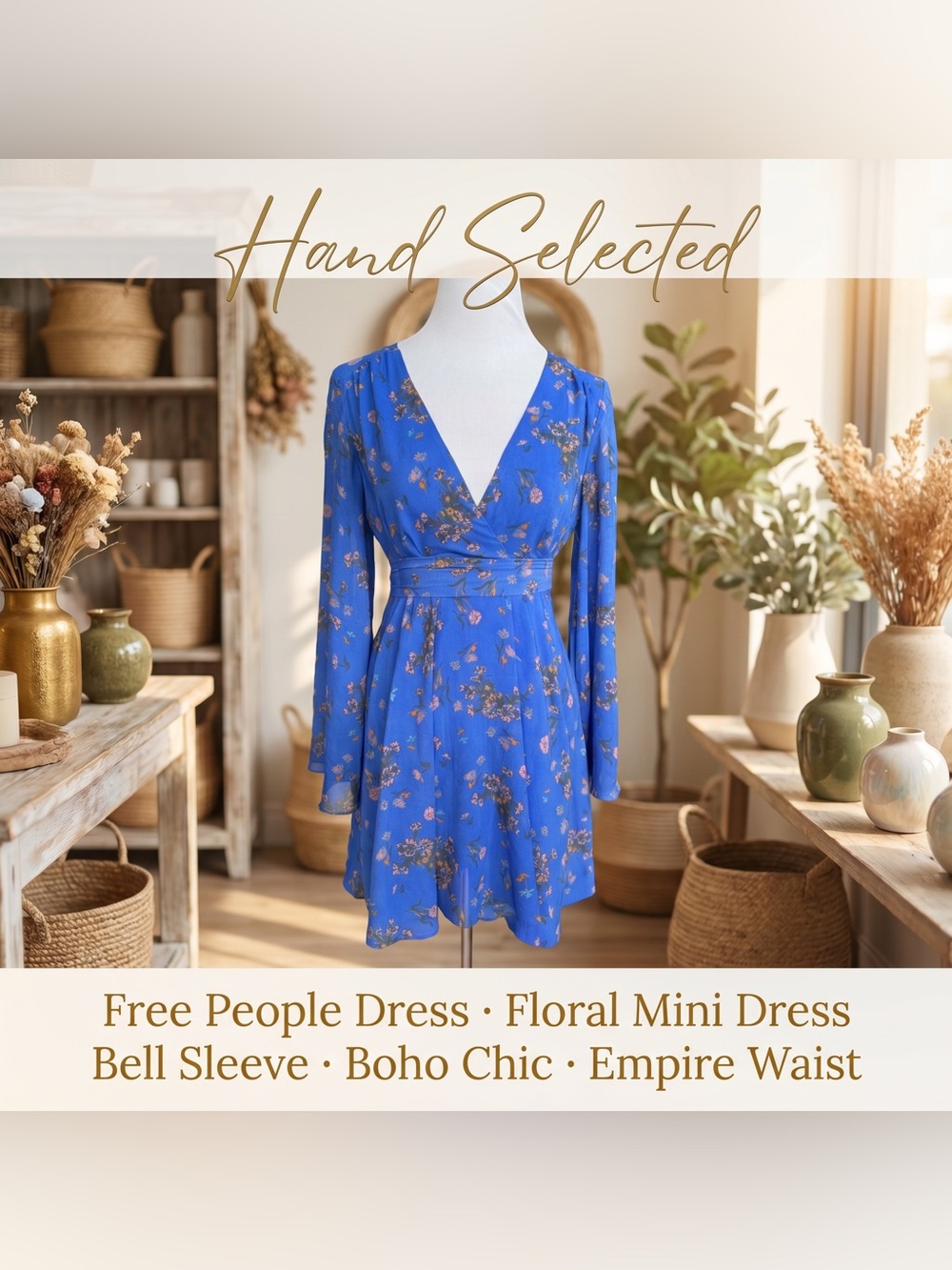 Free People Cobalt Floral Bell Sleeve Wrap Mini Dress Chiffon Cottagecore XS